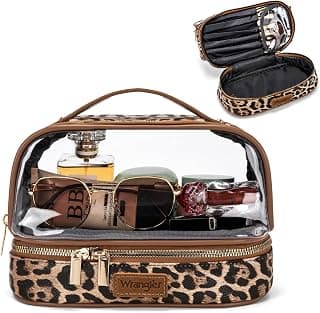 Wrangler Travel Makeup Bag Double Layer Clear Make Up Bag Organizer | Portable Cosmetic Bag with Brush Storage, Toiletry Bag with Wet and Dry Separation for Women