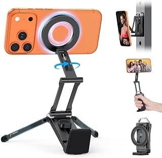 OMOTON TP02 [360° Rotating] Stable Clip Magnetic Phone Tripod for iPhone 17 | Aluminum Cell Phone Stand, Back Magnet Base, Fold 3-Adjustment, Women Men Gift, Fits Vlog, Gym, Travel Essentials Accessories