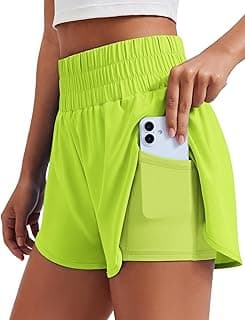 PINSPARK Women's 2 in 1 Running Shorts High-Split Athletic 3" Liner Short | Elastic High Waisted, Built-in Shorts, Quick Dry, Lightweight, 4-Way Stretch,Two Inner Pockets