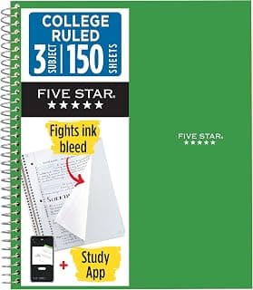 Five Star Spiral Notebook + Study App, 3 Subject, College Ruled Paper, Fights Ink Bleed, Water Resistant Cover, 8-1/2" x 11", 150 Sheets, Green (72067)