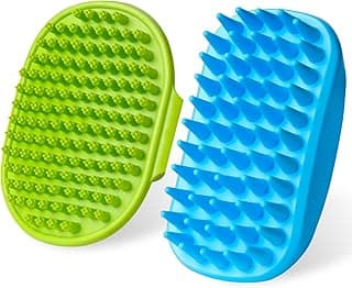 2PCS Dog Bath Brush Set | Adjustable Handle Dog Scrubber for Shampooing, Deshedding & Massaging, Suitable for Pets | Curry Comb & Shampo Brush for Dogs Cats and Horses (Green Blue)