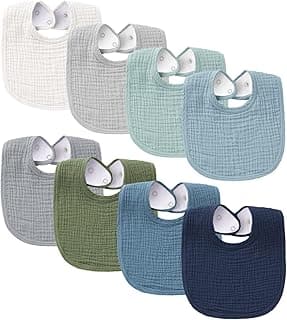 Konssy 8-Pack Muslin Baby Bibs, Adjustable Fit for Drooling and Teething | Soft Absorbent, Drool Bibs for Baby Boys Girls, Cotton Front with Fleece Backing, Newborn to Toddler 0-36M