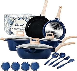 FDN 16Pcs Titanium Pots and Pans Set,Toxic-Free Cookware Set, Dishwasher & Oven Safe, Induction Compatible with Bakelite Wood Grain Handle, Compact and Durable