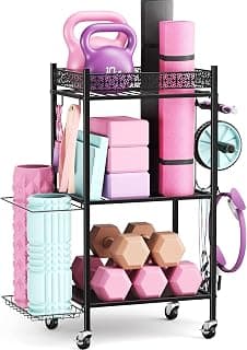 VOPEAK Home Gym Storage Rack, 3-Tier Yoga Mat Storage with Wheels & Hooks | 200 lbs steel rack with lockable casters & side hooks. 3-tier fits yoga mats & dumbbells — 10-min assembly