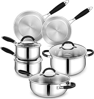 E-far 10-Piece Stainless Steel Cookware Set - Induction Pots and Pans Set | Tri-Ply Base with Stay-Cool Handles, Dishwasher Safe, Non-Toxic Kitchen Cooking Set w/ Frying Pans, Saucepans, Stockpot