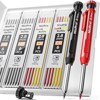 Nicpro Carpenter Pencil with Sharpener, Mechanical Pencils Set with 26 Refills, Deep Hole Marker for Construction, Heavy Duty Woodworking Tools for Architect (Black, Red) - With Case