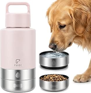 Dog Water Bottle 32oz, Insulated Stainless Steel Travel Water Dispenser with 2 Detachable Dog Bowls for Food and Water, Leak Proof Portable Pet Drinking Cup for Walking Hiking Camping
