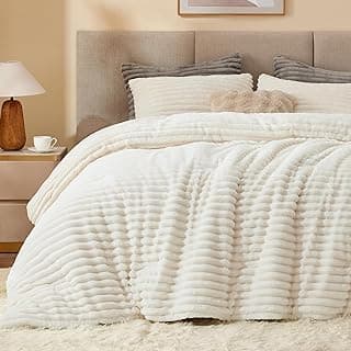 BEDELITE Fleece Queen Comforter Set, Fluffy Bed Set, Cream White | Super Soft & Warm Bedding, Luxury Fuzzy Faux Fur Comforter for Winter, Heavy Plush Bedding, with 2 Pillowcases