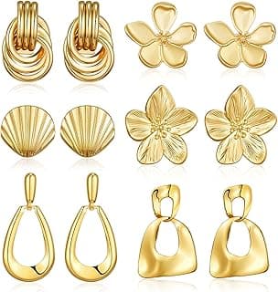 Chunky Gold Earrings For Women Trendy Statement Gold Plated Flower Shell Knot Dangle Earrings Lightweight Hypoallergenic Fashion Jewelry Set