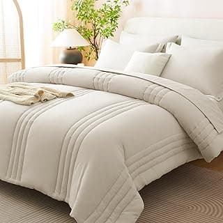 Queen Comforter Set Beige - 7 Pieces Vertical Quilted Bed in a Bag | OEKO-TEX Certified, 240GSM Down-Alternative Comforter, 14" Deep-Pocket Sheets, Shams & Pillowcases, Lightweight