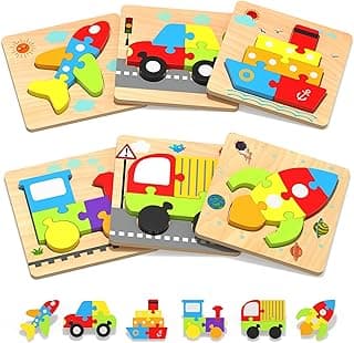 Yetonamr Wooden Toddler Puzzles Gifts Toys for 1 2 3 Years Old Boys Girls, 6 Vehicle Shape Montessori Toys Educational Blocks Kids Toys Gift Baby Learning Toy Age 1-3, 2-4