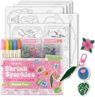 Grabie Shrink Art Craft Kit of 25+ Shapes, Markers & Charms, Bloom Post | Pre-Cut Shapes, DIY Shrink Art Jewelry Making Kit, Create Charms, Rings & Keychains, Beginner-Friendly Gift for Art Lovers