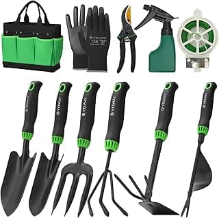 Velway 11-Piece Garden Tools Set Heavy Duty with Ergonomic Handles | Hand Tool Kit with Ergonomic Handles, Rust-Proof, Carry Tote Bag – Gardening Gifts for Women & Men (Green)