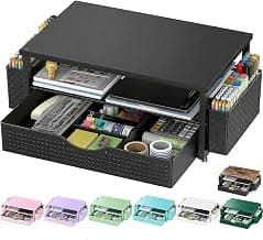 Spacrea Desk Organizer and Accessories, Computer Monitor Stand Riser with Drawer and 2 Pen Holders, Office Desk Accessories & Workspace Organizers for Office Supplies (Black)