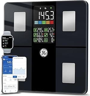 GE Smart Scale for Body Weight, BMI, Body Fat, Muscle Mass, Large Display | 14 Metrics Body Composition Scale for Bathroom, 5.3-inch Screen, Accurate Weighing with Bluetooth Sync, Black