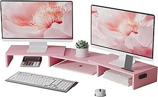 BONTEC Dual Monitor Stand Riser, Adjustable Length & Swivel Angle, Pink | Ergonomic Wooden Desktop Organizer with Smartphone Holder, Computer Monitor Stand for PC, Laptop, Printer and Large Storage
