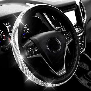 New Diamond Leather Steering Wheel Cover with Bling Crystal Rhinestones | Universal Fit 15 Inch Car Wheel Protector for Women Girls Black