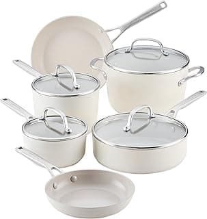 KitchenAid Hard Anodized Ceramic Induction Pots and Pans, Dishwasher Safe, Includes Saucepans, Stockpot, Sauté Pan, Frying Pans/Skillets, and Lids, 10 Piece Cookware Set - Porcelain White