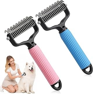 2 Pcs Pet Grooming Brush, Double Sided Undercoat Rake & Dematting Comb for Dogs and Cats, Detangling Tool for Matted Fur, Ideal for Medium or Long Haired Breeds (Blue+Pink, Large)