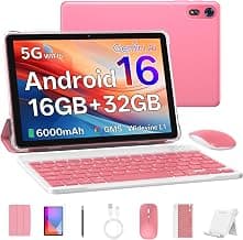 Tablet 10 Inch, Android 16 Tablet with Keyboard, 16GB RAM + 32GB, Pink | 1280 x 800 HD IPS, 6000mAh, WiFi 6, BT 5.4, Dual Camera, Mouse, Stylus, 2-in-1 for Study and Travel