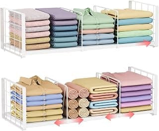 2-Pack Closet Organizers Stackable Clothing Storage Shelves, Expandable Clothes Shelf with Adjustable Divider Keeps Jeans Shirts Sweaters T-Shirts Tidy, for Bedroom RV Wardrobe System, White
