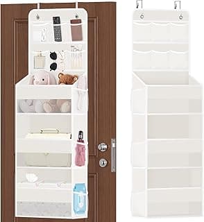 SpaceHacks 5-Tier Over the Door Organizer with Mesh Pockets, Baby Nursery Storage for Closet, Bathroom and Bedroom, Adjustable Hanging Closet Organizer for Cosmetics, Books and Essentials (Beige)