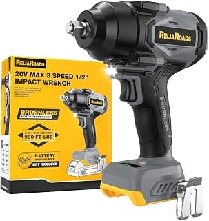 900 Ft-lbs 1/2'' Impact Wrench Compatible DeWALT 20V Battery | 3-Speed Brushless Impact Gun with steady torque. Handles lug nuts, car/SUV repairs, etc. Bare Tool (No Battery)