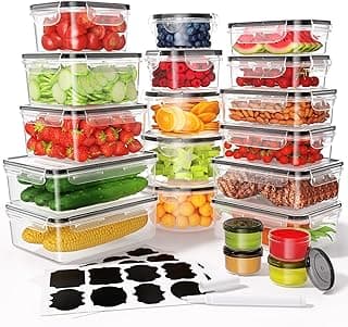 KEMETHY Large 40 Piece Food Storage Containers with Airtight Lids, BPA-free | 20 Containers & 20 Lids, Leak Proof, Meal Prep, Kitchen Storage, PVC-free Plastic, Microwave/Dishwasher Safe, Labels & Pen
