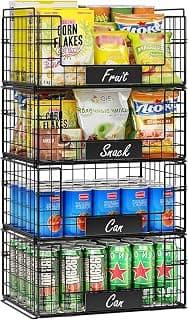 JKsmart 4 Pack XXL Stackable Wire Baskets for Pantry Organizers and Storage | Vegetable and Fruit Basket with Name Plates & Handles, Kitchen Pantry Organizer for Snack Can Fruit Veggies