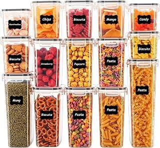 15 PCS Airtight Food Storage Containers with Lids, Plastic Kitchen and Organization Canisters for Cereal, Dry Food, Flour and Sugar, BPA-Free, PVC-Free, Includes Labels & Marker