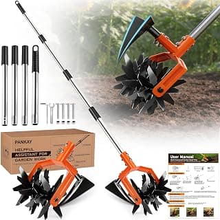 Manual Hand Tiller for Gardening, Rotary Cultivator with Tilling Blade | Durable tilling blade, hand rotary tiller for lawn care, reseeding, soil mixing, adjustable stainless poles, easy to use