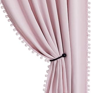 Pink Blackout Curtains for Nursery Girls Room, Thermal Insulated Pompom Room Darkening Curtain Drapes for Babies, Short Cute Curtains for Kitchen/Small Window, W52 x L63, 2 Panels