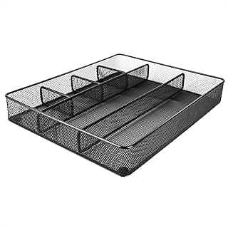 Amazon Basics Metal Mesh Desk Organizer with 6 Compartments, Anti-Slip Pen Holder Storage Tray for Office Supplies and Home, Black