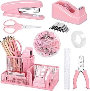 Pink Office Desk Accessories, 9 Pcs Desk Organizers and Accessories with Mesh Pen Holder, Stapler, Tape Dispenser, Hole Punch, Office Supplies Set for Office Home School Women Students Gift