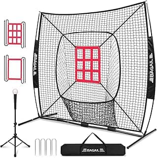BAGAIL 7x7 ft Baseball & Softball Training Net | Includes Batting Tee & 2 Strike Zones, Heavy Duty Frame, Durable 7-Ply Mesh, Large Target For All Level, Quick 2-Min Setup