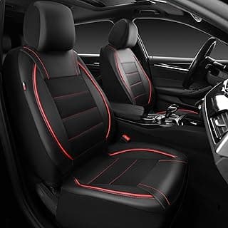 CAR PASS Universal FIT Piping Leather Two Front Seat Covers, Waterproof Faux Leather for SUV Sedan Van Truck, Airbag Compatible,Reserved Opening Holes for Headrest Covers. (Black red)