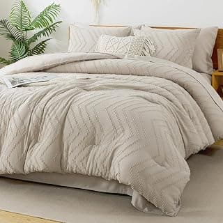 Litanika King Comforter Set with Sheets Oatmeal, 7 Pieces Boho Bed in a Bag | Fluffy Lightweight Neutral Soft Warm Chevron Tufted Textured Bed Set