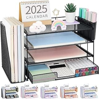 Desk Organizer, 4-Tier Desktop File Organizer with Drawer and Pen Holders, Office Desk Accessories, File Sorters, Workspace Organizers for Office Supplies(Black)
