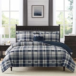 MaiRêve Plaid Queen Comforter Set Navy Blue 7 Pieces Bed in a Bag | Rustic Lightweight Bedding Sets with Sheets, Pillowcases and Shams