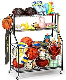Kinghouse Sport Equipment Organizer for Garage, Steel Basketball Rack with Bat Holder and Hooks, Easy Assembly Storage for Balls, Kids' Toys, Workout Gear, Home Gym, Outdoor