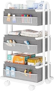 3-Tier Baby Diaper Caddy Organizer Cart, Mobile Nursery Storage Carts with Wheels, 3 Dividers & 6 Mesh Pockets Durable Metal Utility Cart for Nursery, Bedroom, Bathroom, Baby Essentials Organization
