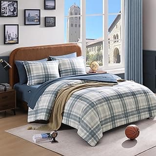 Plaid Full Size Comforter Set Blue Grey 7 Pieces Farmhouse Bed in a Bag | Lightweight Bedding Sets for Boys Girls Teen with Sheets, Pillowcases & Shams