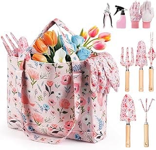 Gardening Tools 10-Piece Garden Tool Set with Floral Bag, Pink | Rust-proof steel, Floral organizer bag, Garden tool sets for planting, weeding, pruning, Gardening gifts for women