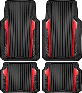 CAR PASS Heavy Duty Rubber Car Mats Metallic, Aluminum Film All Weather Floor Mats Waterproof Universal Trim to Fit Automotive SUV Sedan Van 4 Piece Anodized Deep Dish Two-Tone Sporty Black Red Chrome