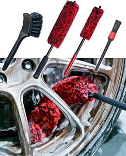 Professional 4 Pack Long Handle Wheel Brush Kit for Cleaning Wheel and Tire- 2X Soft Wheel Cleaning Brush, Detailing Brush and Stiff Tire Brush, Bendable& Durable Wheel Rim Cleaner Brush Set