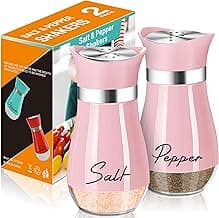 Salt and Pepper Shakers - 4 oz Pink Glass Set with Stainless Steel Lids | Refillable Glass Shakers with Stainless Steel Lids for Cooking, Dining, RV Trips, Camping and BBQs; 4 oz Capacity Each.