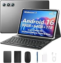 10.1" Android 16 Tablet with Keyboard, 30GB RAM 64GB ROM, Gray