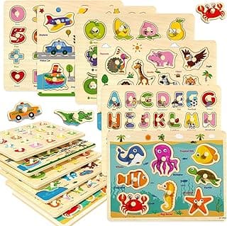 Wooden Peg Puzzles for Toddlers 2-4, 6 Pack Educational Peg Puzzles Montessori Toys, Learning Puzzles for Kids Girs Boys 1-3 3-5 with Alphabet Number Animal Vehicle Shape