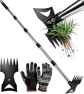 71in Weed Puller Tool with Long Handle, Adjustable Garden Hoe and Weed Rake | 2-in-1, Adjustable Handle, Stand-up Weeding, Heavy Duty, Manual Weeders for Uprooting with Gloves for Gardens, Lawns, Yards