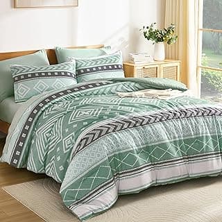 Yiran Comforter Set Queen Size, 7 Pieces Boho Aztec Bed in a Bag, Green Southwestern Bedding Sets for All Seasons, Lightweight Comforter Bed Set with Sheets, Pillowcases & Shams